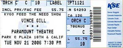 Vince Gill Performance Ticket, Denver, Colorado