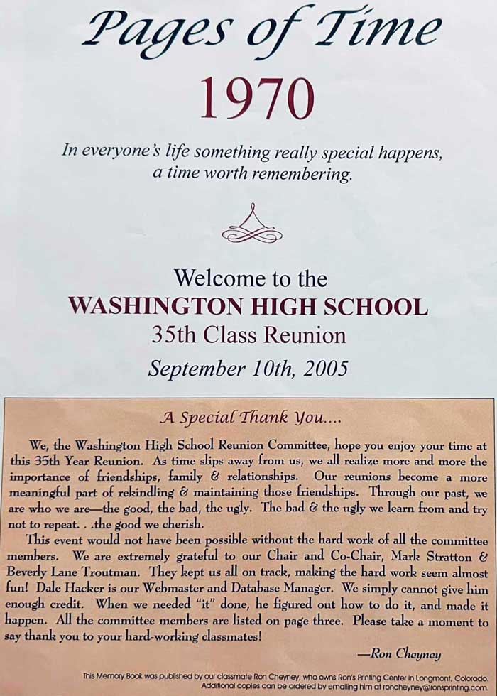 WHS 1970 35th Class Reunion Thank You Message